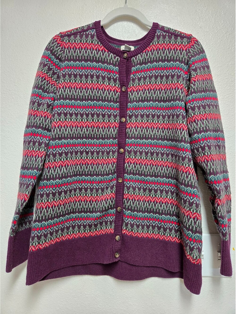 L.L.Bean Cardigan Sweater Purple Cotton Cashmere Fair Isle Knit Preppy womens M